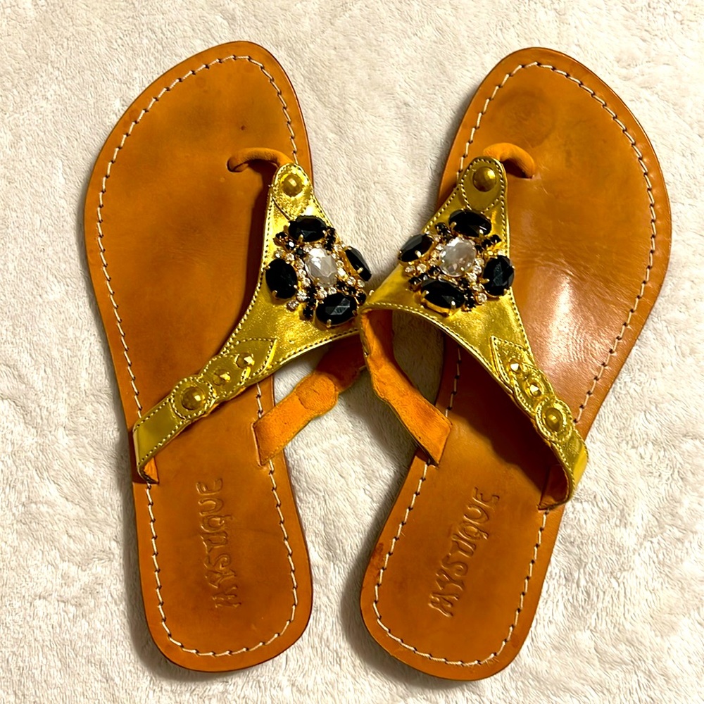 Mystique Boutique Gold and Black Sandals with Rhinestones. Size 8
